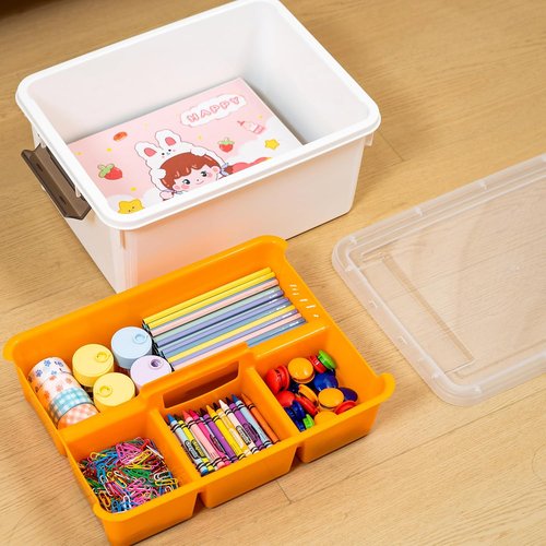 Citylife 17 QT Orange Plastic Storage Bin - Stackable Latching Box with Removable Tray for Organizing Tools and Crafts