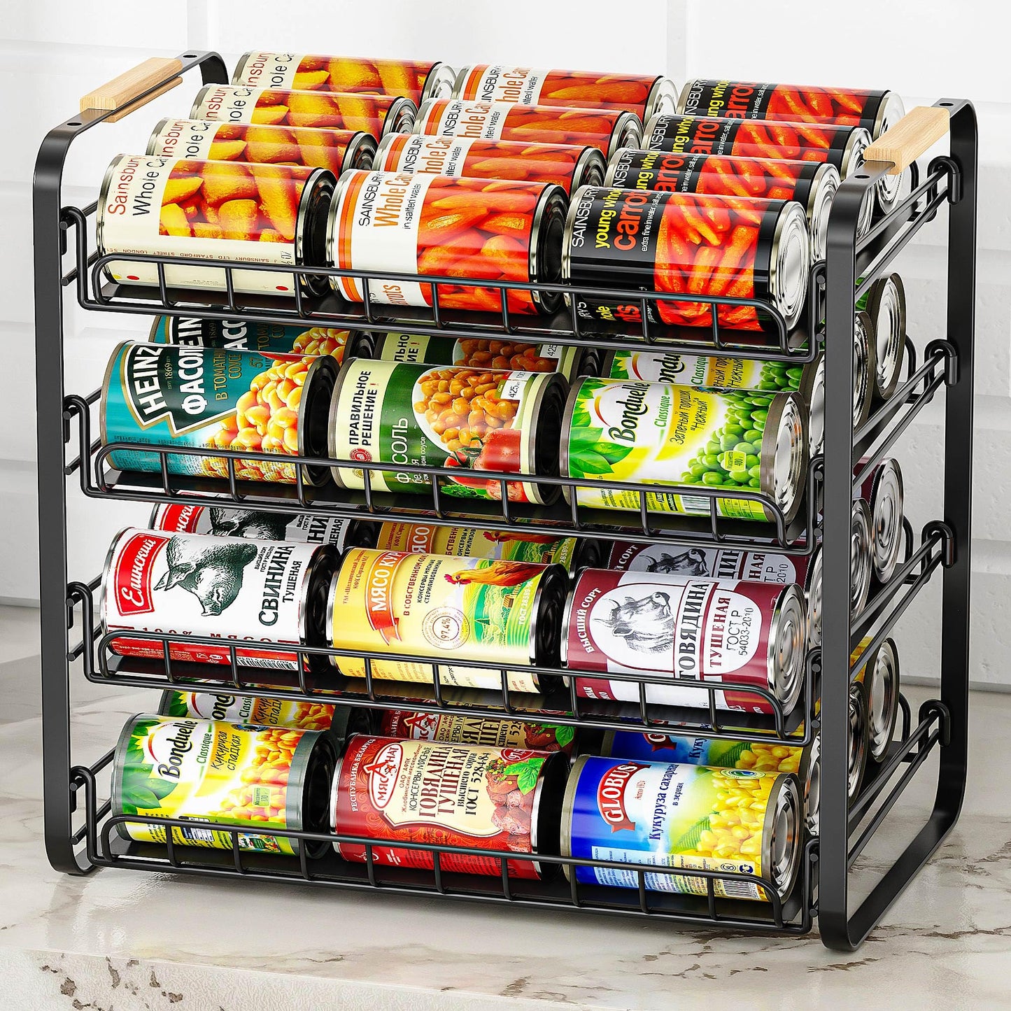 MAXIFFE 4 Tier Can Organizer for Pantry, Pantry Organizers and Storage Holder Dispenser Rack for Snacks Soda Drinks, Holds Up to 48 Cans for Pantry Kitchen Cabinet Countertop, Black