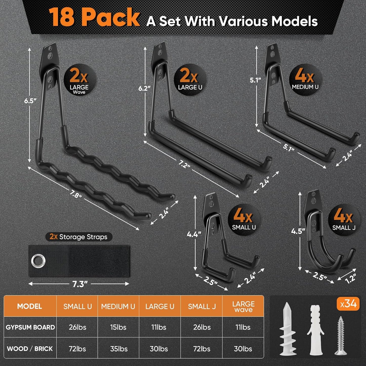 Nacial Heavy-Duty Garage Hooks - 18 Pack Utility Steel Wall Mount Storage for Bikes, Ladders & Tools