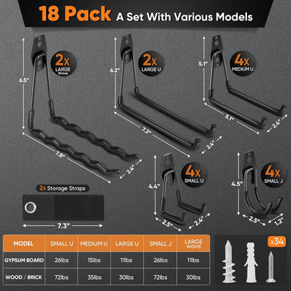 Nacial Heavy-Duty Garage Hooks - 18 Pack Utility Steel Wall Mount Storage for Bikes, Ladders & Tools
