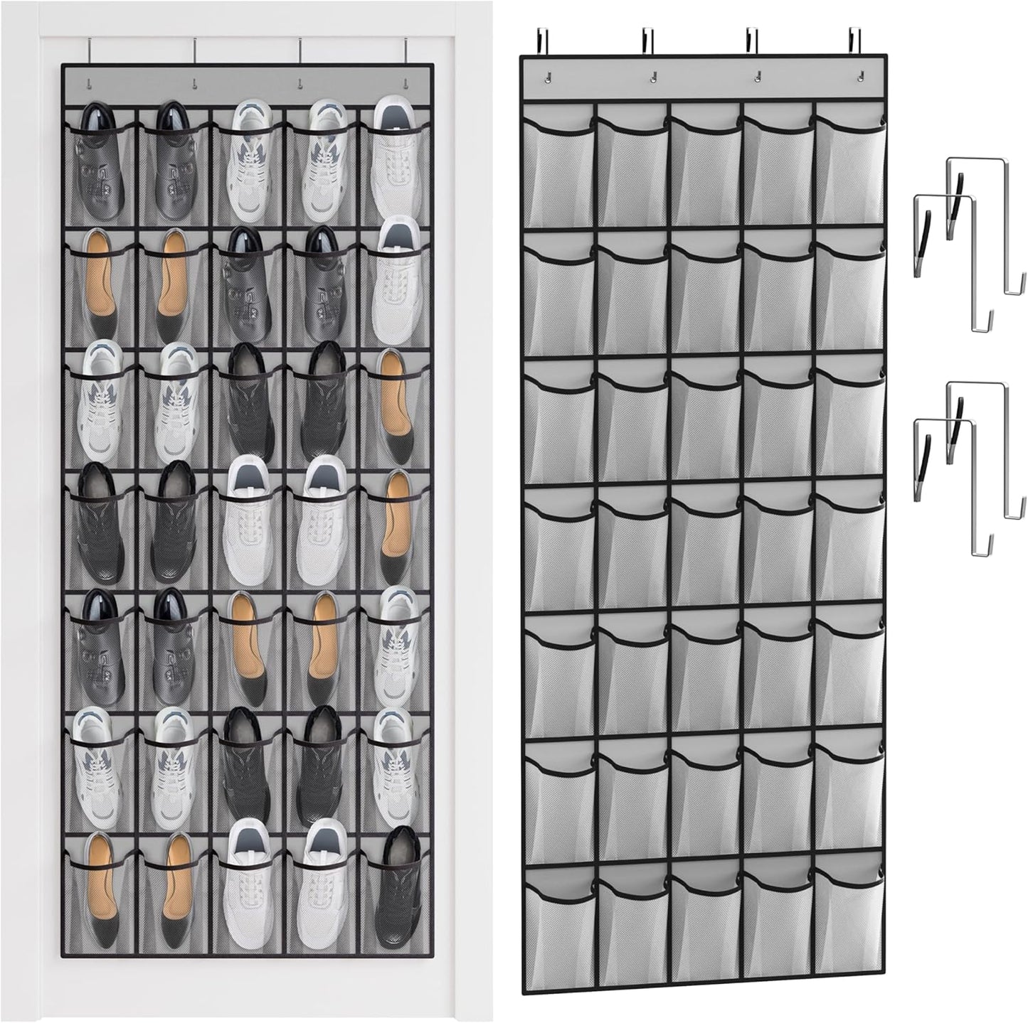 WVM Over The Door Shoe Organizer - 35 Breathable Mesh Pockets & 4 Metal Hooks - Large Grey Storage Solution