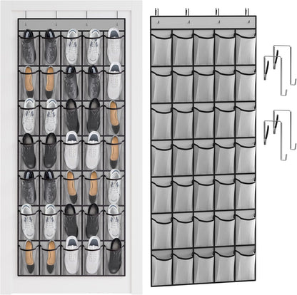 WVM Over The Door Shoe Organizer - 35 Breathable Mesh Pockets & 4 Metal Hooks - Large Grey Storage Solution