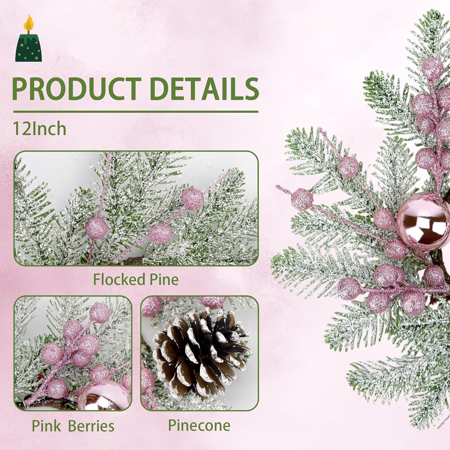 Regine Switzerland Christmas Candle Rings - 8" Small Wreaths with Pine Cones, Berries & Balls for Festive Table Decor (4, Pink)