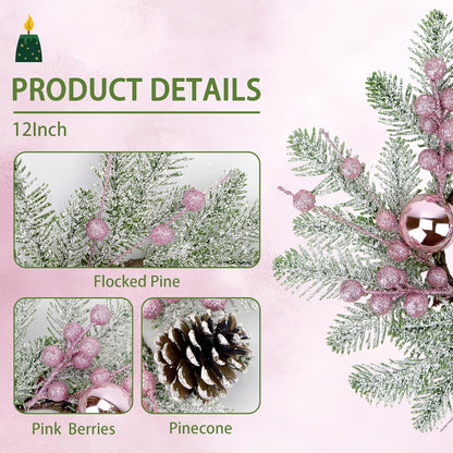 Regine Switzerland Christmas Candle Rings - 8" Small Wreaths with Pine Cones, Berries & Balls for Festive Table Decor (4, Pink)