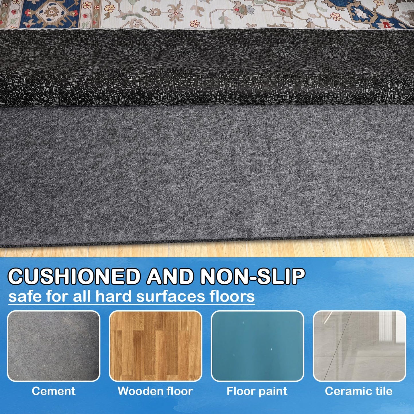 Non-Slip Rug Pads 8 x 10 ft, 100% Waterproof Extra Large Area Rugs Non Skid Rug Pad for All Floors and Finishes Durable Hardwood Floor Protective Felt Keeps Rugs in Place, Safe and Secure