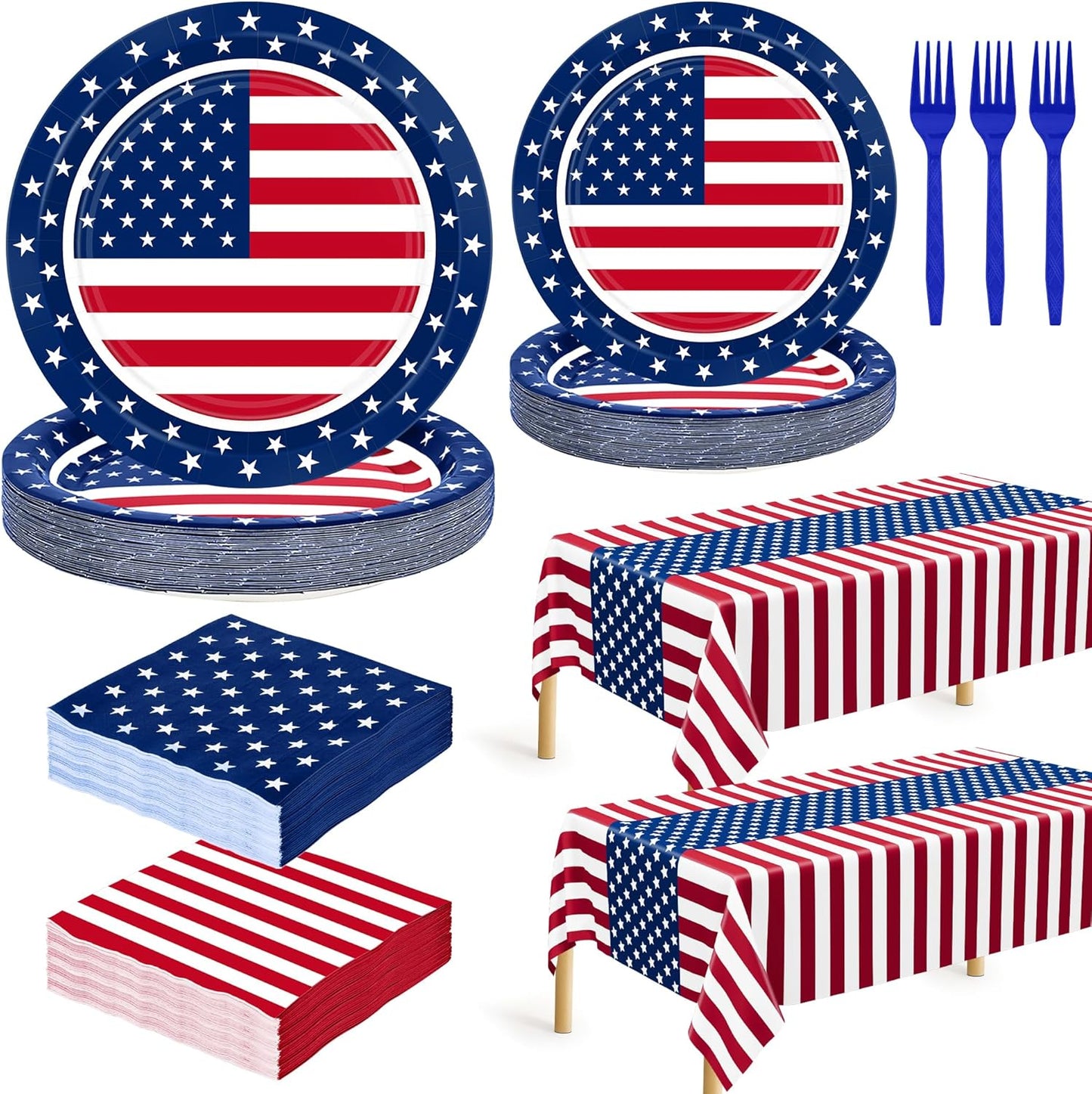 QZYL 122 PCS Fourth of July Decorations - Patriotic Plates, Napkins & Tableware Set | American Flag Design