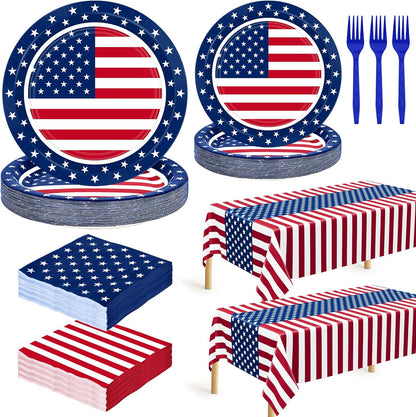 QZYL 122 PCS Fourth of July Decorations - Patriotic Plates, Napkins & Tableware Set | American Flag Design