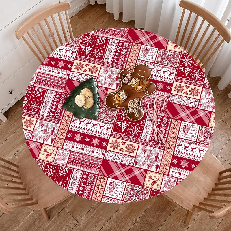 Elastic Round Tablecloth - 36-44 Inch Fit, 44"/54" Diameter, Water-Resistant Fitted Table Cover (Red Xmas Elements+44)