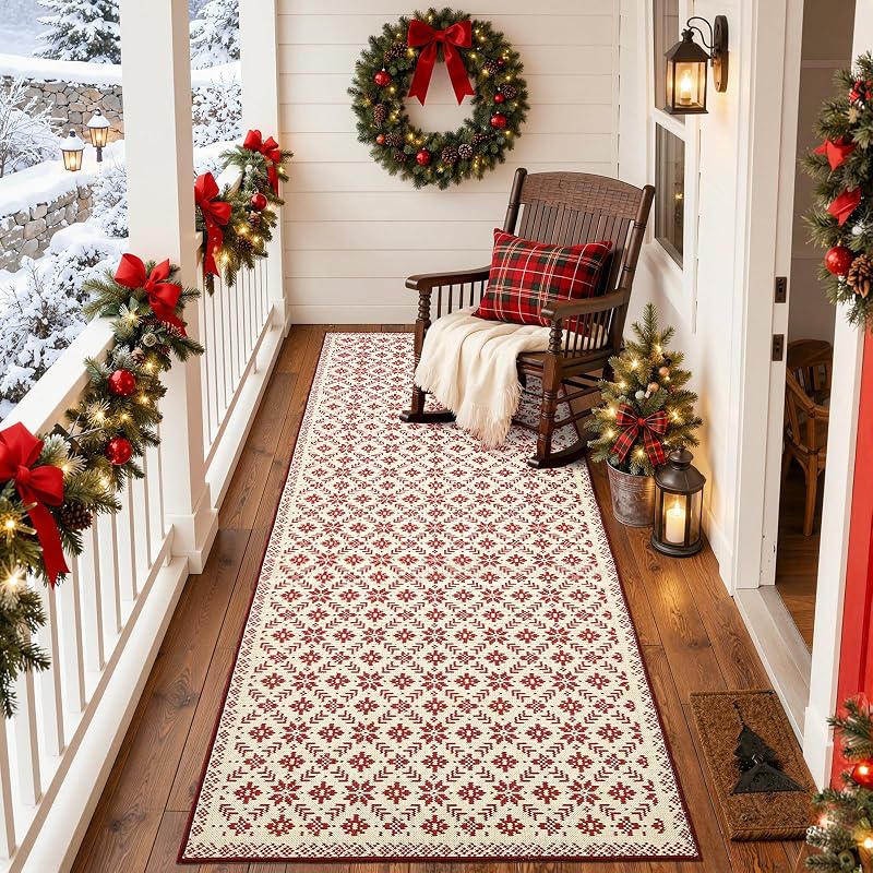 Jinchan Christmas Runner Rug 3x8 - Knit Snowflake Print, Ivory & Red (Variation: Knit Red on Ivory+3' x 8')