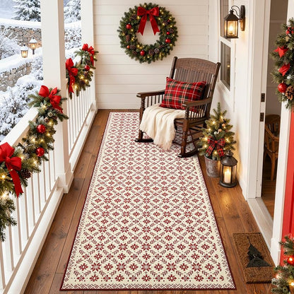 Jinchan Christmas Runner Rug 3x8 - Knit Snowflake Print, Ivory & Red (Variation: Knit Red on Ivory+3' x 8')