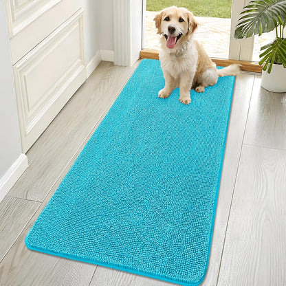 OLANLY Dog Door Mat - Absorbent Non-Slip Mud Mat for Muddy Paws | Quick Dry Chenille, 70x32, Aqua Blue