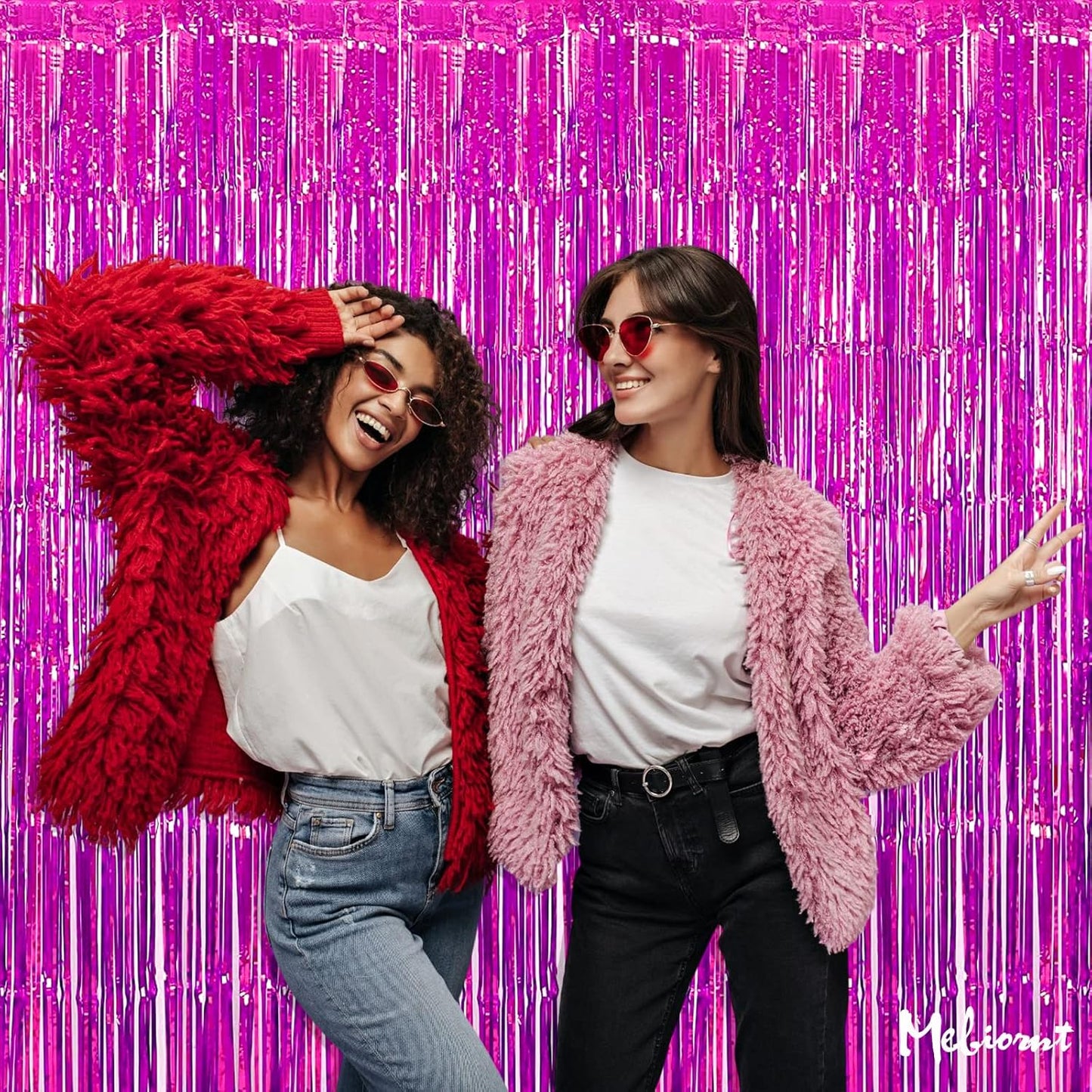 Skiennix 4 Pack Fuchsia Fringe Curtain Backdrop - 3.2Ft x 6.6Ft Metallic Tinsel Streamers for Parties & Events
