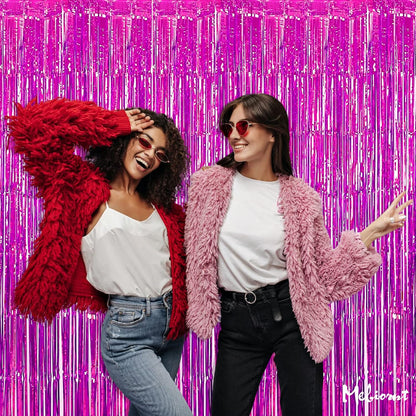 Skiennix 4 Pack Fuchsia Fringe Curtain Backdrop - 3.2Ft x 6.6Ft Metallic Tinsel Streamers for Parties & Events