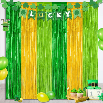 St. Patrick's Day Party Decorations - 2 Pack Green & Gold Backdrop Curtains | 3.28 FT x 7.05 FT Metallic Fringe