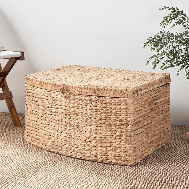 Natural Brown Rectangular Water Hyacinth Storage Trunk with Lid & Handles, 26"