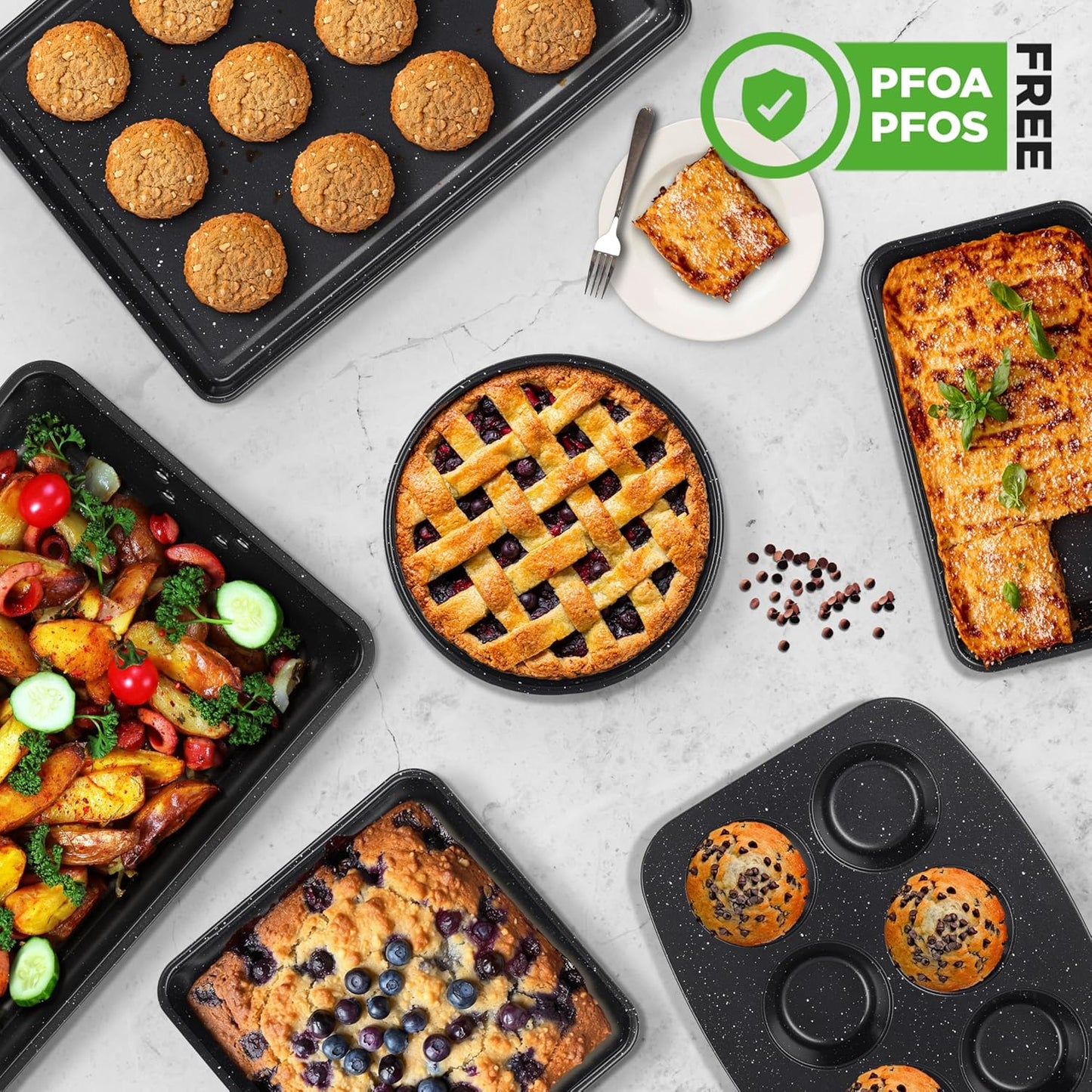 NutriChef 8-Piece Bakeware Set - Non-Stick Carbon Steel Pans for Baking | Muffin, Round, Loaf, Square, Deep, Black Marble
