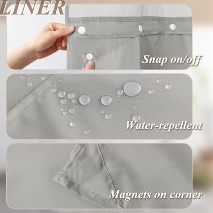 Barossa Design No Hook Shower Curtain Sets with Rugs - Gray Bathroom Rugs Sets 2 Piece and Snap in Liner Bathroom Curtains, Light Grey