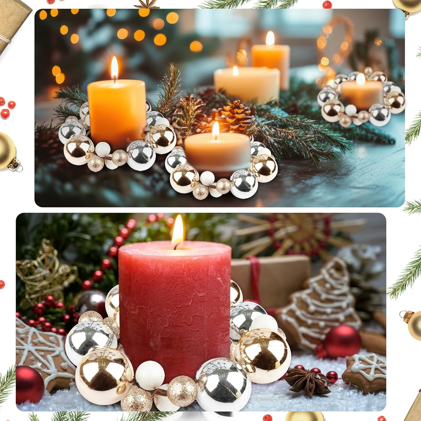 Regine Switzerland Christmas Ball Candle Rings - Glitter Gold & Silver | 3.2 Inch Pillar Candle Holders for Rustic Winter Decor