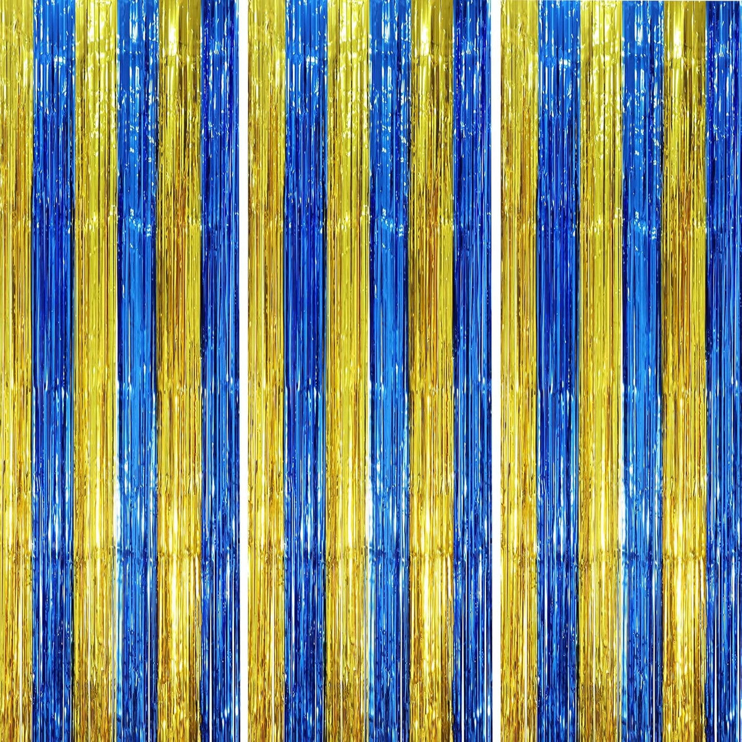 Voircoloria Blue Gold Foil Fringe Backdrop Curtains - 3 Pack Tinsel Streamers for Parties | 3.3 x 8.2 ft