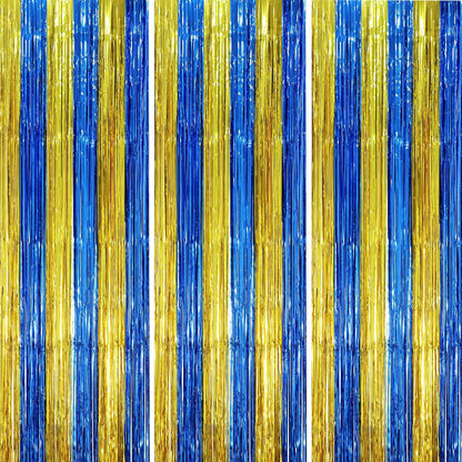 Voircoloria Blue Gold Foil Fringe Backdrop Curtains - 3 Pack Tinsel Streamers for Parties | 3.3 x 8.2 ft