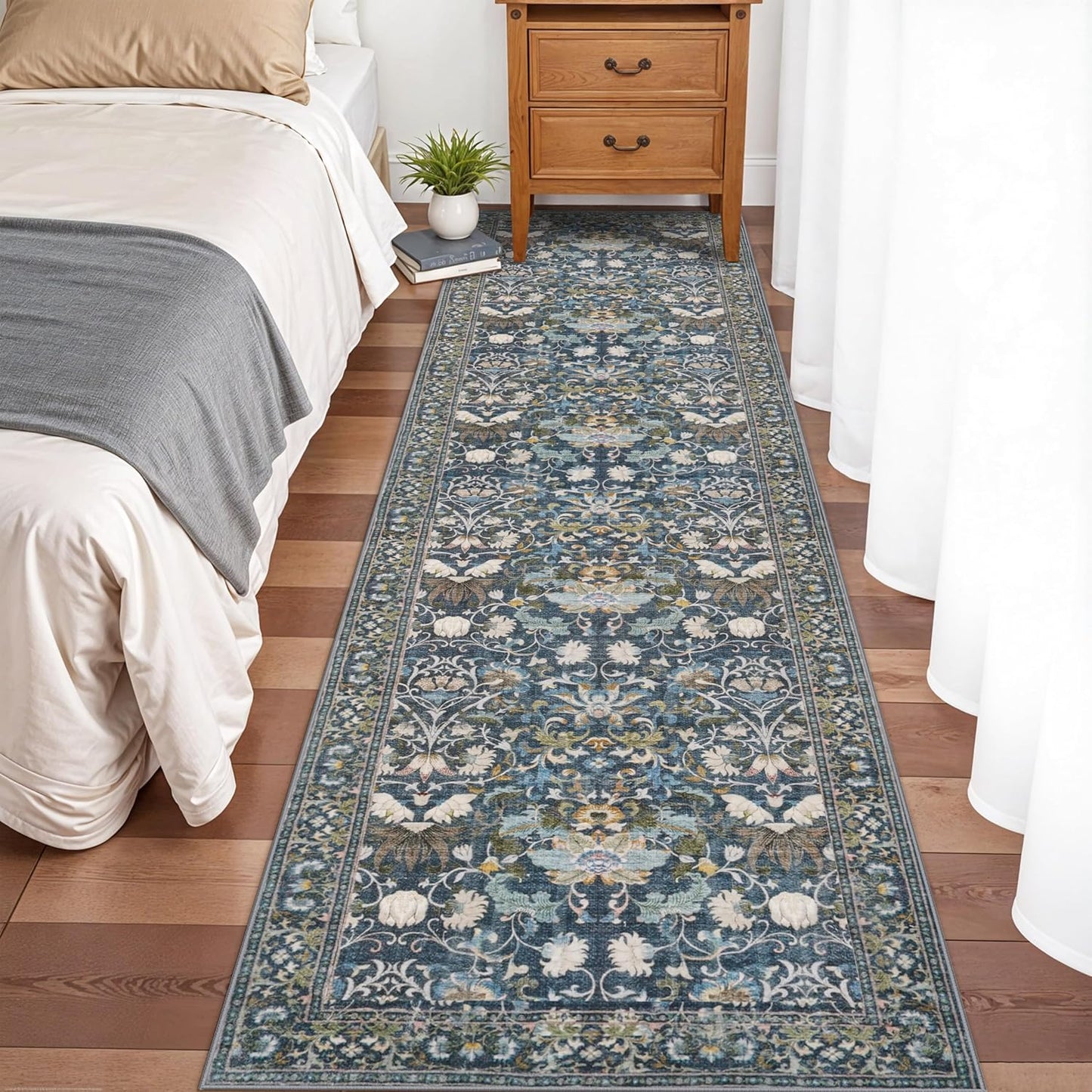 Skiennix Washable Hallway Runner Rug - Vintage Water-Resistant, Ultra Soft, Non-Slip | 2x8 Floral Blue
