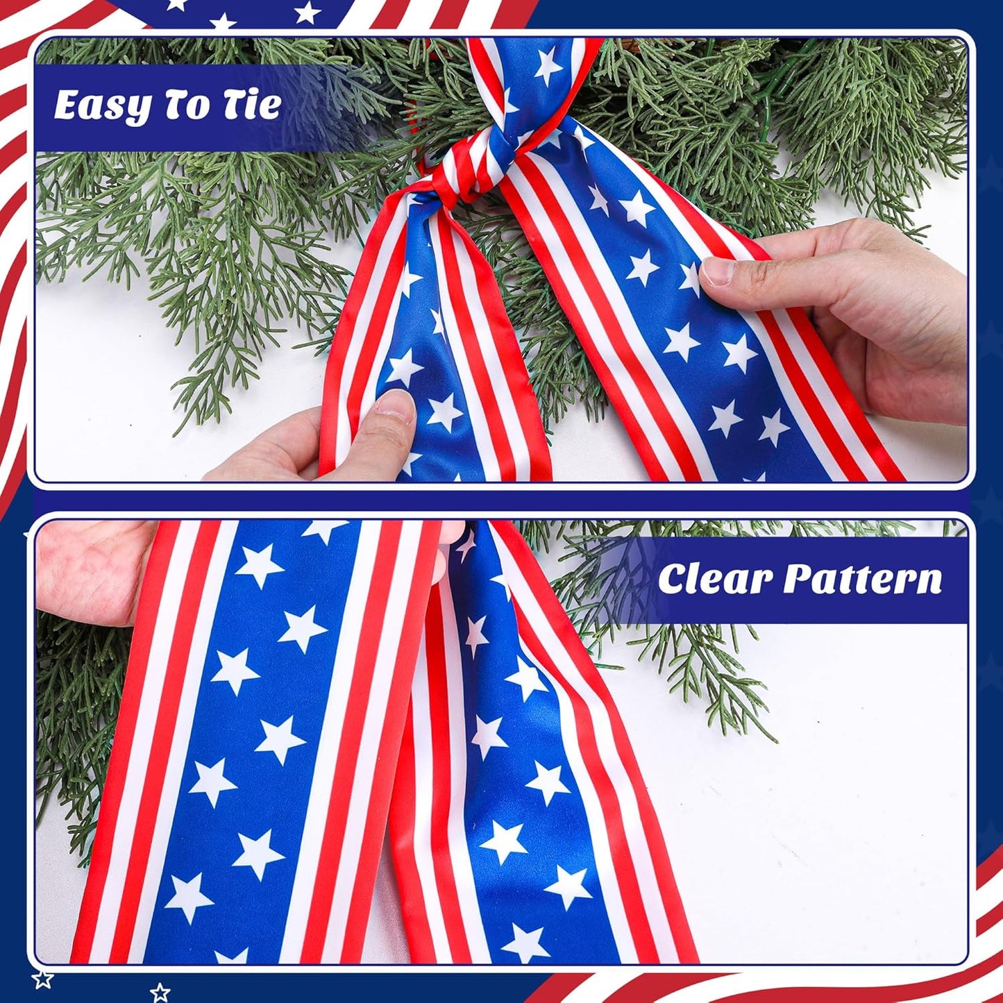 RunNico Patriotic Wreath Sash - 2 Pack Red, White & Blue Satin Decor for 4th of July | 53" L x 3.4" W