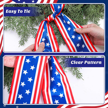 RunNico Patriotic Wreath Sash - 2 Pack Red, White & Blue Satin Decor for 4th of July | 53" L x 3.4" W