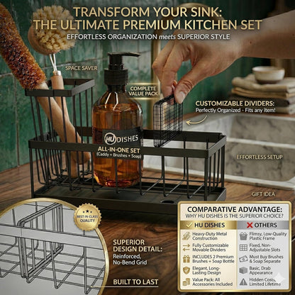 Premium Extra Large Kitchen Sink Organizer Caddy | Stainless Steel Sponge Holder & Soap Dispenser Tray (Black)