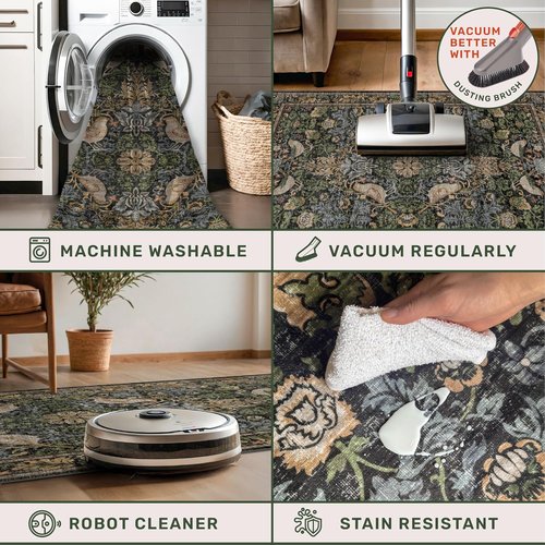Hazo Haus Washable Floral Rug - Vintage Dark Botanical Design | Small 2x3 Indoor Mat in Earthy Tones