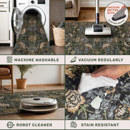 Hazo Haus Dark Living Room Rug 8x10 - Large Washable Floral Area Rugs for Dining Room Under Table, Bedroom, Office, Birds and Leaves Nature Design, Non-Slip Low Pile (Dark Green/Brown)