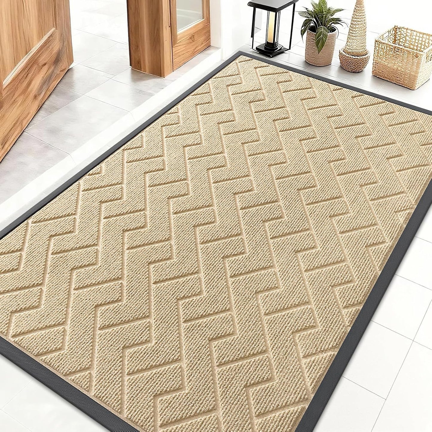OLANLY Indoor Outdoor Front Door Mat - Waterproof All-Season Herringbone Design | Easy Clean, 47x32 Beige