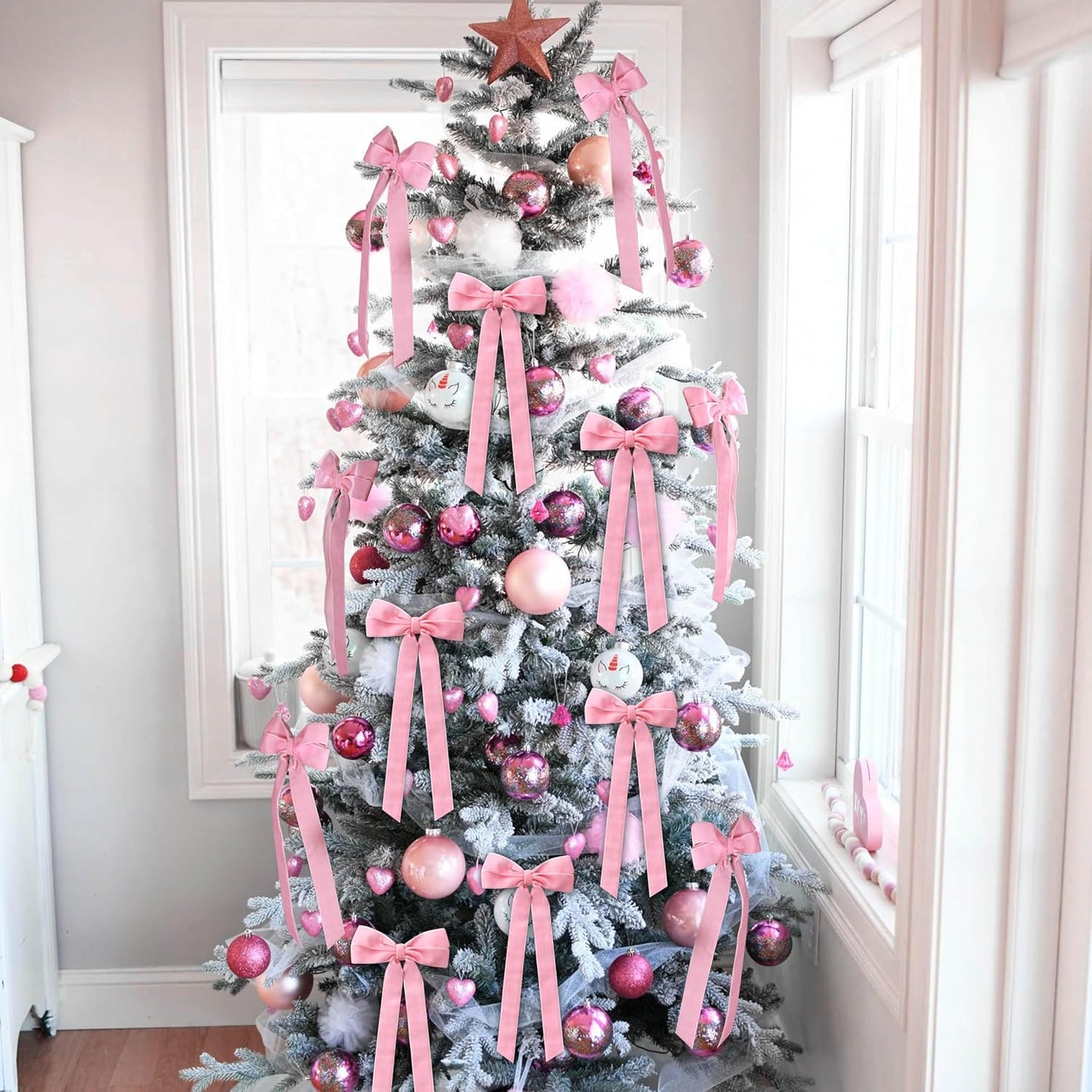 Skiennix 12Pcs Pink Velvet Bows - Elegant Valentine's Day Tree Decorations | 5in x 10in Easter Spring Ornaments for Home & Events