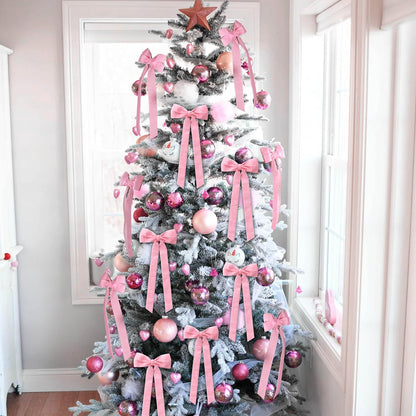 Skiennix 12Pcs Pink Velvet Bows - Elegant Valentine's Day Tree Decorations | 5in x 10in Easter Spring Ornaments for Home & Events
