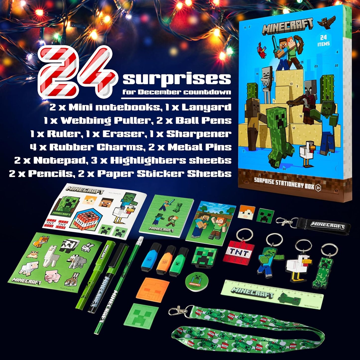 Minecraft Advent Calendar 2025 - 24 Fun Items Including Keychains, Pens & Notebooks | Blue/Green Gamer Gift