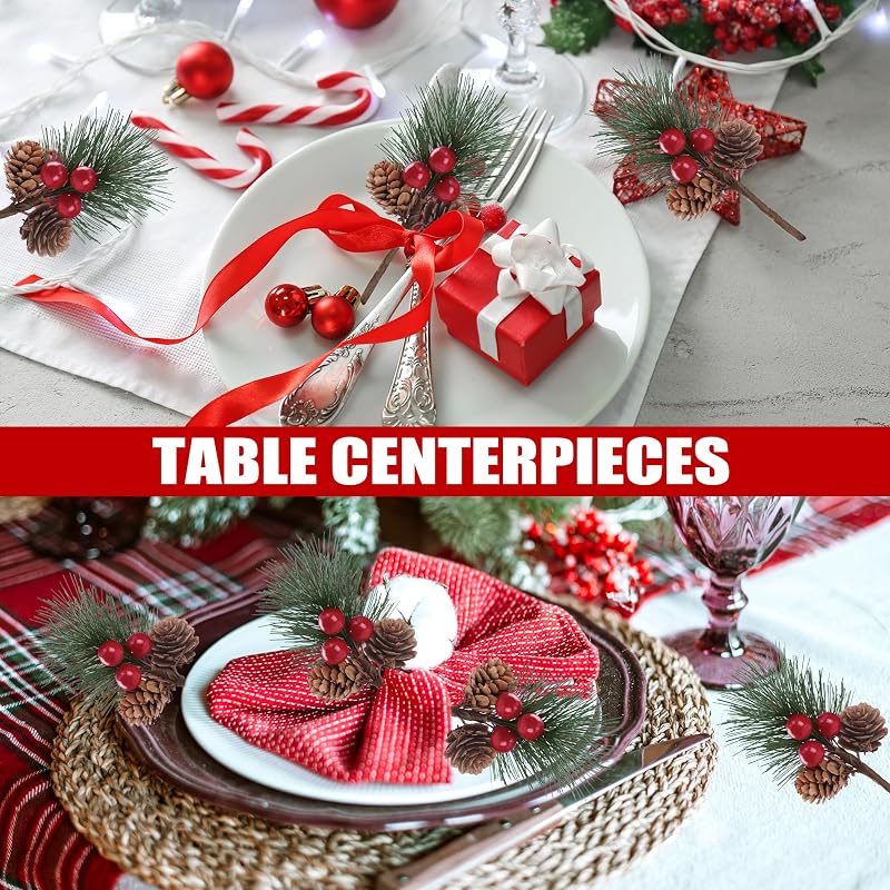 20 Pcs Christmas Fake Pine Branches with Red Berries, Pine Cones & Conifer Picks - Sggvecsy Variation: 20