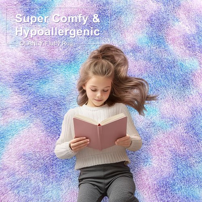 OLANLY Area Rugs for Living Room Bedroom, Machine Washable 4x5.9 Feet Soft Fluffy Shaggy Bedside Rug, Indoor Floor Carpet for Kids Girls and Boys, Nursery Room, Home Decor Aesthetic, Purple Rainbow