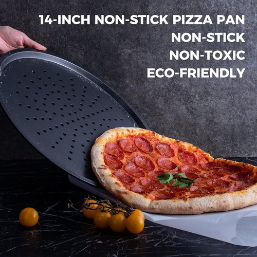HONGBAKE 14.8-Inch Non-Stick Pizza Pan Set - Perforated Carbon Steel for Crispy Homemade & Frozen Pizza | Grey