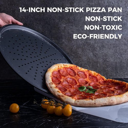 HONGBAKE 14.8-Inch Non-Stick Pizza Pan Set - Perforated Carbon Steel for Crispy Homemade & Frozen Pizza | Grey