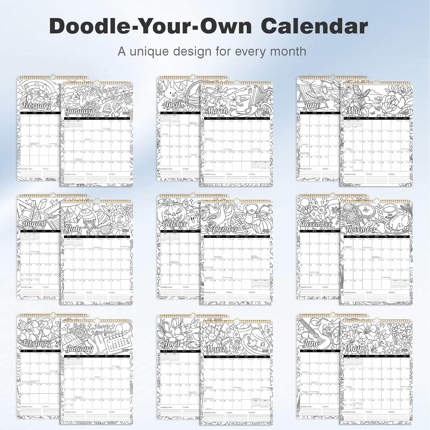 Ospelelf 2026 Family Coloring Wall Calendar - 12'' x 17'' Monthly Planner with Plastic Cover | 18 Months, Jan 2026 - June 2027