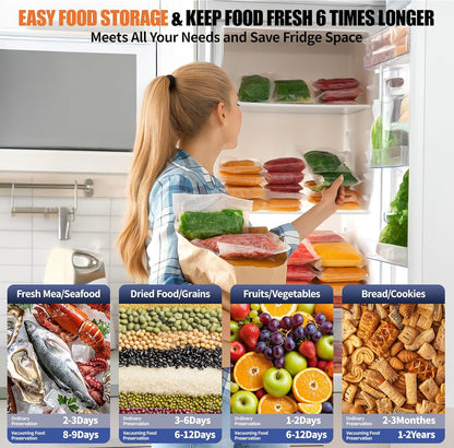 Skiennix Food Vacuum Sealer - 85KPA Strong Suction, Automatic Seal in 10-20 Secs, Includes 10 Bags & Roll