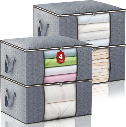 90L Large Storage Bags by [Brand Name] - 4 Pack Foldable Closet Organizers with Durable Handles for Bedding, Clothes & Toys | Grey