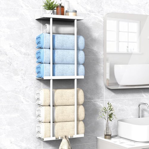 Liuoud Towel Rack - Wall Mounted Vertical Towel Storage Organizer with Shelf | Holds 6 Large Bath Sheets - White