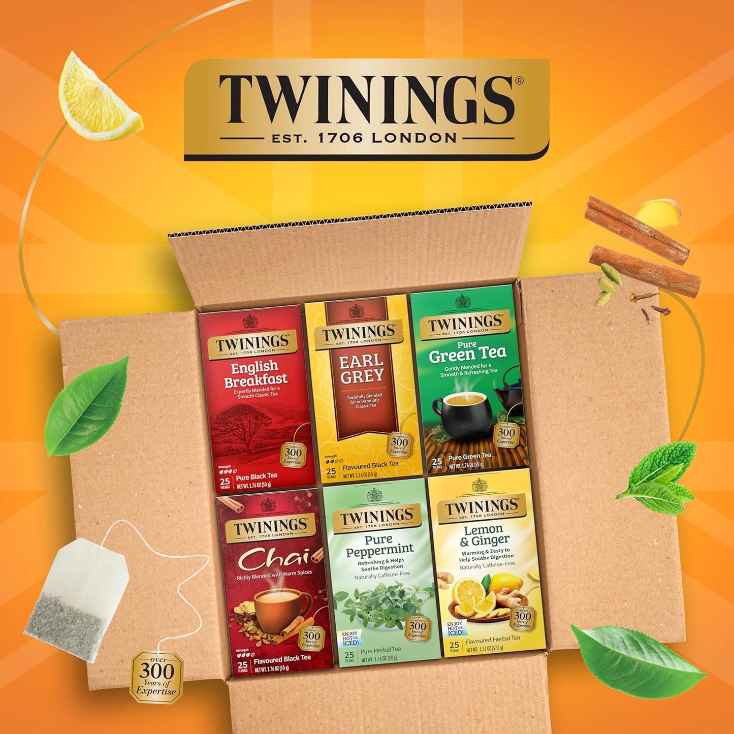 Twinings Variety Pack Tea Bags - 25 Count (Pack of 6) | Includes English Breakfast, Earl Grey, Lemon Ginger, Peppermint, Green & Chai