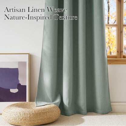 NICETOWN Sage Green Blackout Curtains - 63-Inch Faux Linen Privacy Panels for Living Room & Kitchen | 2 Grommet Top Panels