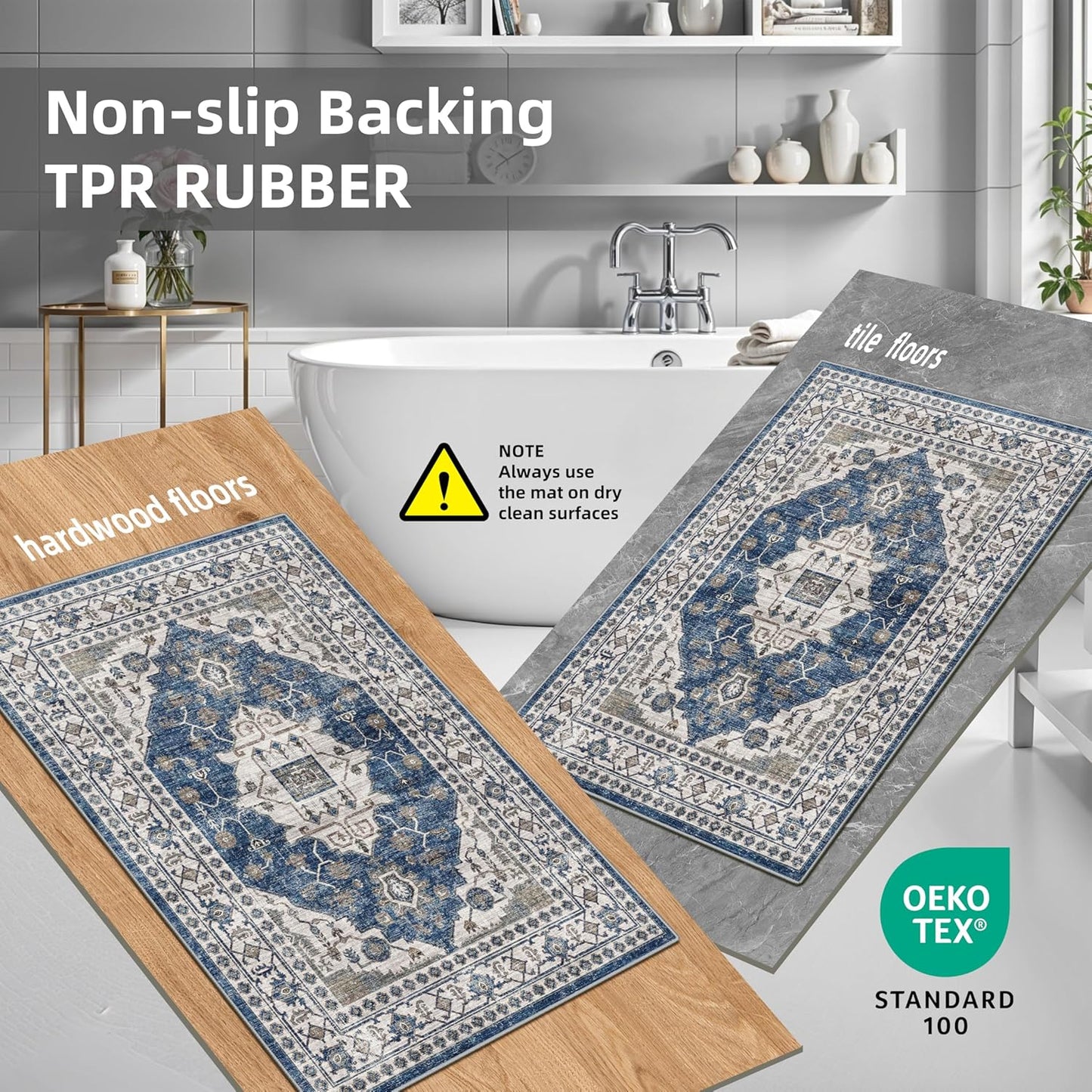 Skiennix Kitchen Sink Rugs Set of 2 - Washable Non-Slip Mats for High Traffic Areas | Soft Blue Boho Decor (2x3 + 2x4)
