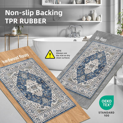 Skiennix Kitchen Sink Rugs Set of 2 - Washable Non-Slip Mats for High Traffic Areas | Soft Blue Boho Decor (2x3 + 2x4)
