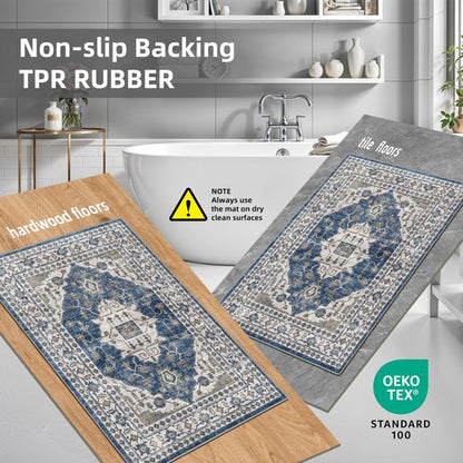 Kitchen Sink Rugs Set 0f 2: Washable Non-Slip Hardwood Floor Mat for Stove Dishwasher Fronts Soft Stain Resistant Carpet for Cooking Area & Fridge Boho Home Decor for High Traffic Area(2x3+2x4,Blue)