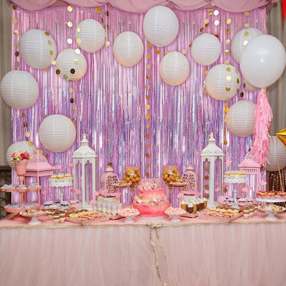 Crosize Laser Pink Foil Fringe Backdrop Curtain - 7 Pack | Perfect for Birthday Parties & Photo Booths