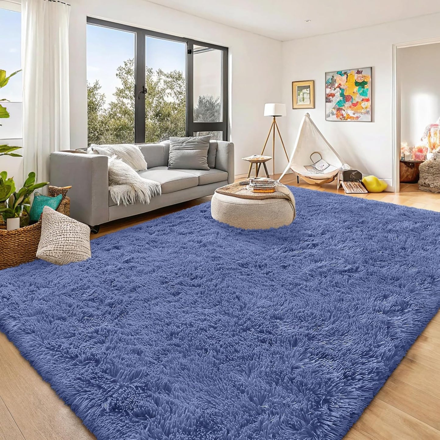 OLANLY Large Area Rug - Soft Fluffy Shaggy Carpet for Living Room & Bedroom | 8x10 Denim Blue