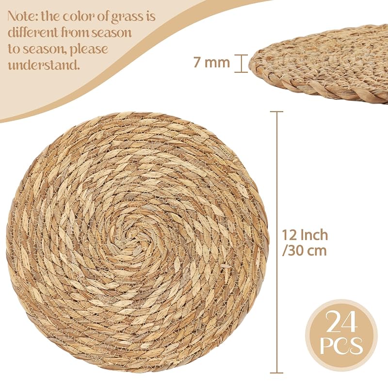 12-Inch Round Bulrush Placemats Set of 24 - Natural Hand-Woven Table Mats (Variation: 24+12 Inch)